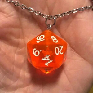 Orange 20 Sided Die D&D Dungeons and Dragons Stainless Steel Necklace